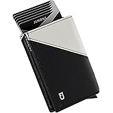Jenoss Smart Wallet For Men: Full Grain Leather, Handcrafted, Slide Metal Pop Up Case, Slim RFID Blocking Credit Card Holder, Minimalist, Compact 12 Cards Slot Organizers, ID, Money Clip (Black&Cream)