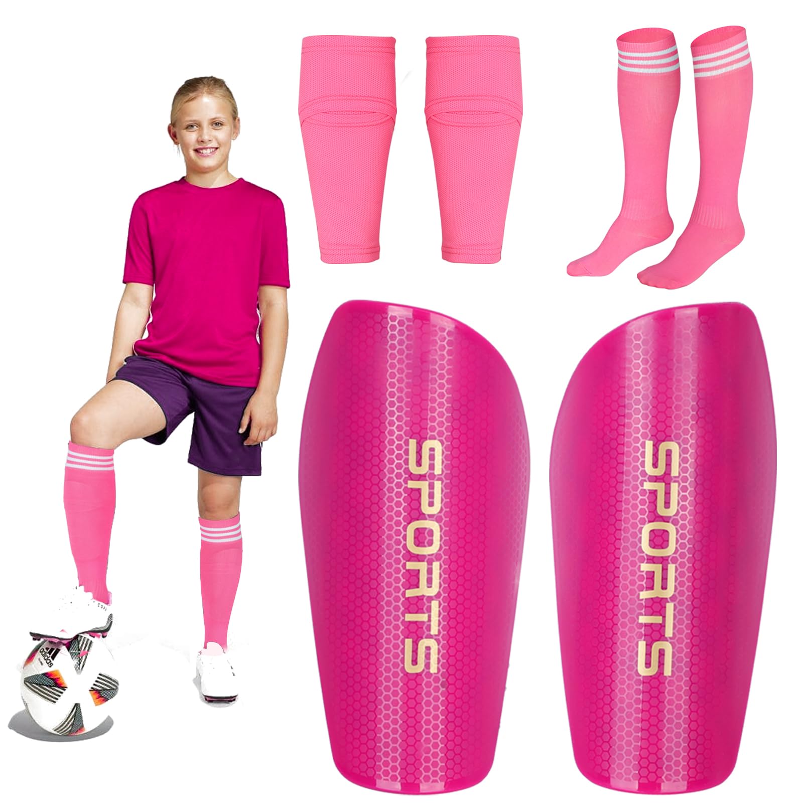 Photo 1 of Soccer Shin Guards for Kids Youth Adults, Shin Pads Set with Shin Sleeves and Long Soccer Socks for Boys Girls Women, Lightweight Soccer Equipment (Rose Red, L)