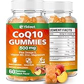CoQ10 500MG Gummies - Plus Omega-3, Vitamin B3, Zinc, Magnesium - High Absorption Coenzyme Q10 Supplements for Heart Health, Cellular Energy, & Antioxidant Support, Peach Flavor (60 Count(Pack of 1))