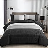 WONGS BEDDING Black Comforter Set Queen, Reversible Black Grey Stripe Down Alternative Comforter for All Season,3 Pieces(1 Patchwork Comforter+2 Pillowcases), Soft Microfiber Bedding Set 90"×90"