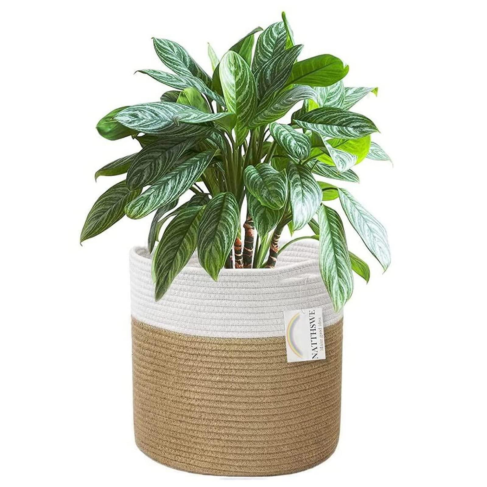 NATTHSWE Plant Basket With Liner, Indoor Woven Plant Pots for 11" Planter Flower Pots Cotton Rope Jute Plant Pot Decoration Foldable Laundry Basket Household Storage Basket