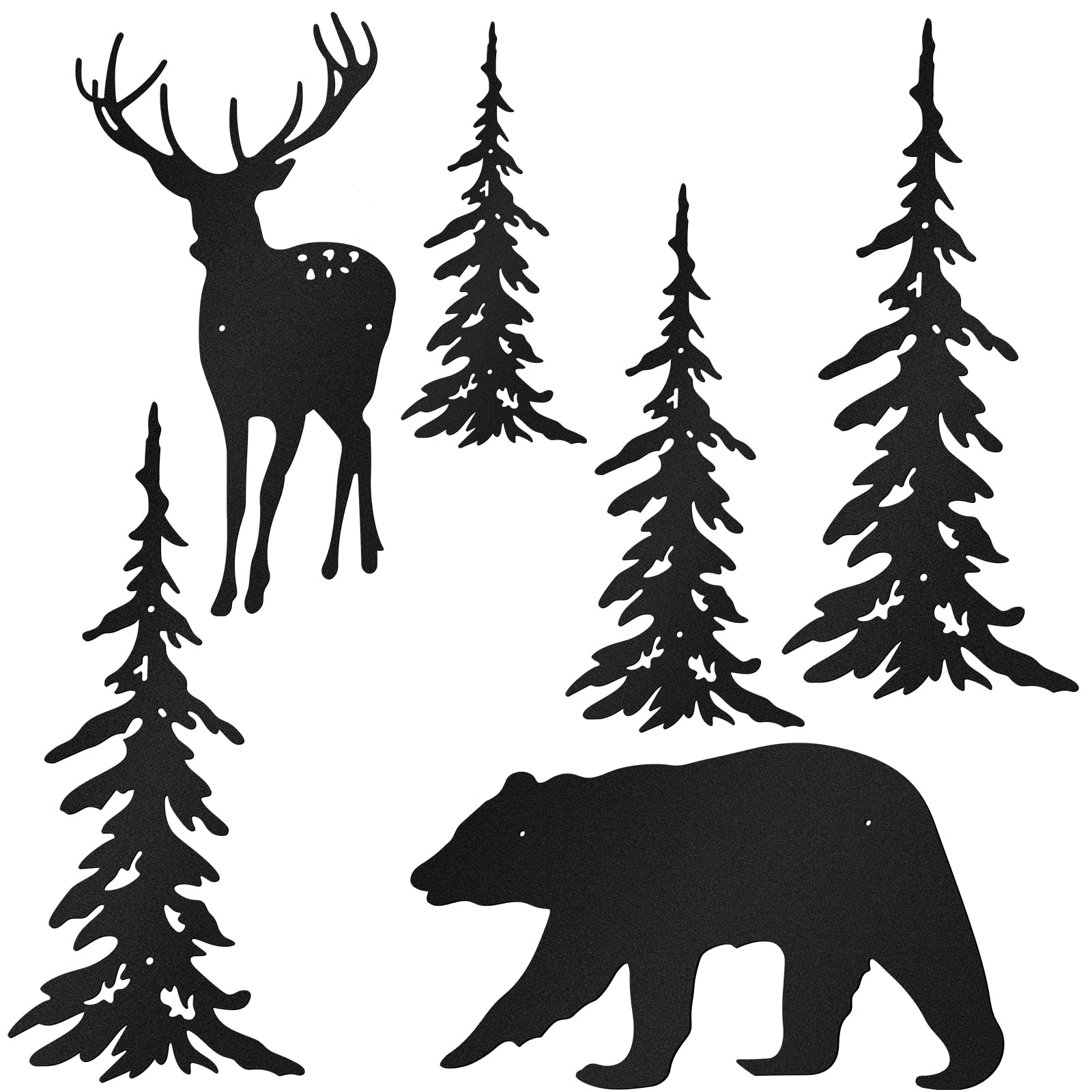 Photo 1 of Moxweyeni 6 Pieces Metal Wall Art Deer Bear Pine Tree Wall Decor Hanging Forest Decor Rustic Cut Metal Art Wall Decor for Home Bedroom Office Outdoor Decorations(Black)
