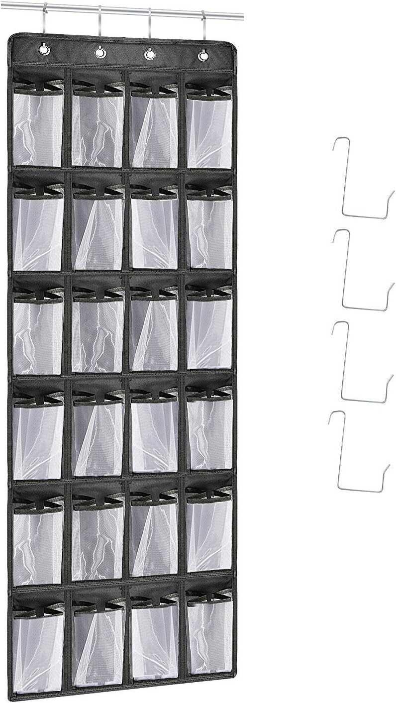 24 Mesh Pockets Hanging Rack with 4 Steel Door Hooks, Large Shoes Storage Over the Door Shoe Organizer