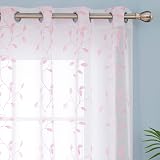 Deconovo Top Ring Leaf Embroidery Net Curtains 2 Panels Pink 55x72 Drop view 2