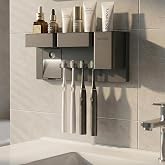 Toothbrush Holders for Bathrooms Toothbrush Holders Wall Mounted with Magnetic Night Light-4 Toothbrush Slots, 3 Independent Storage Compartments Bathroom Decor All-in-One Organizers Accessories Black