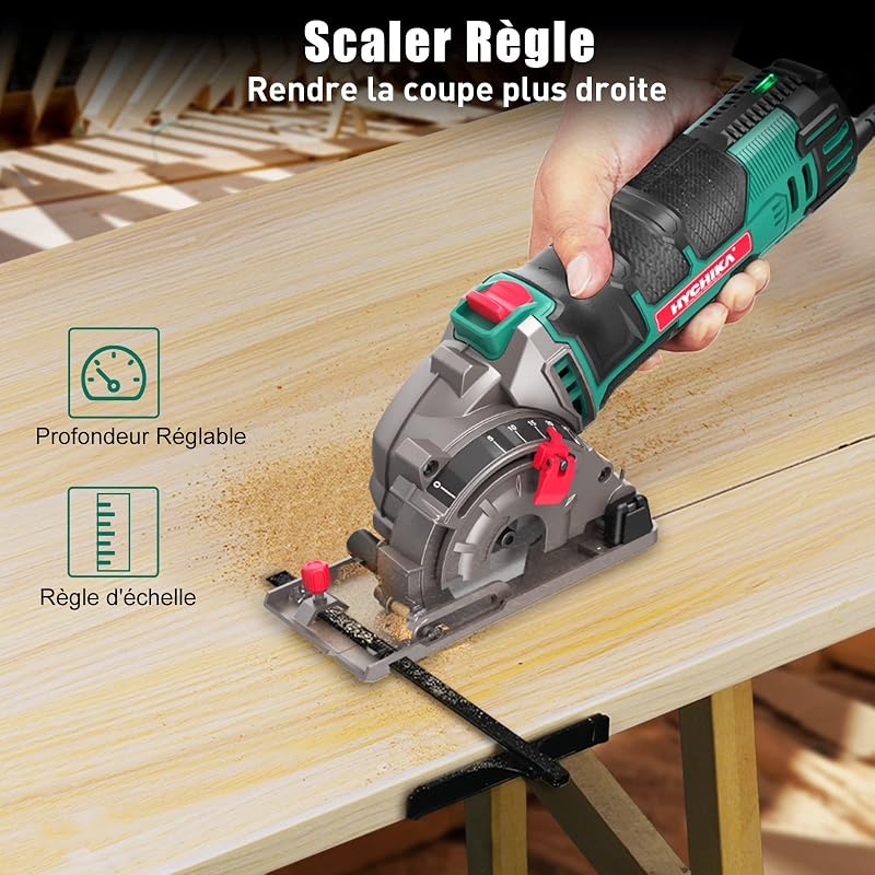 HYCHIKA 500W Mini Scie Circulaire, 4500RPM, Profondeur de coupe: 0-25mm, Moteur en Cuivre Pur, 3 Lames pour les coupes de bois, de métal mou, de carreaux et de plastique