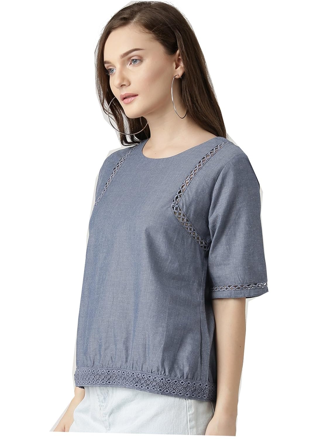 marie claire women blue chambray solid styled back top (mc675)