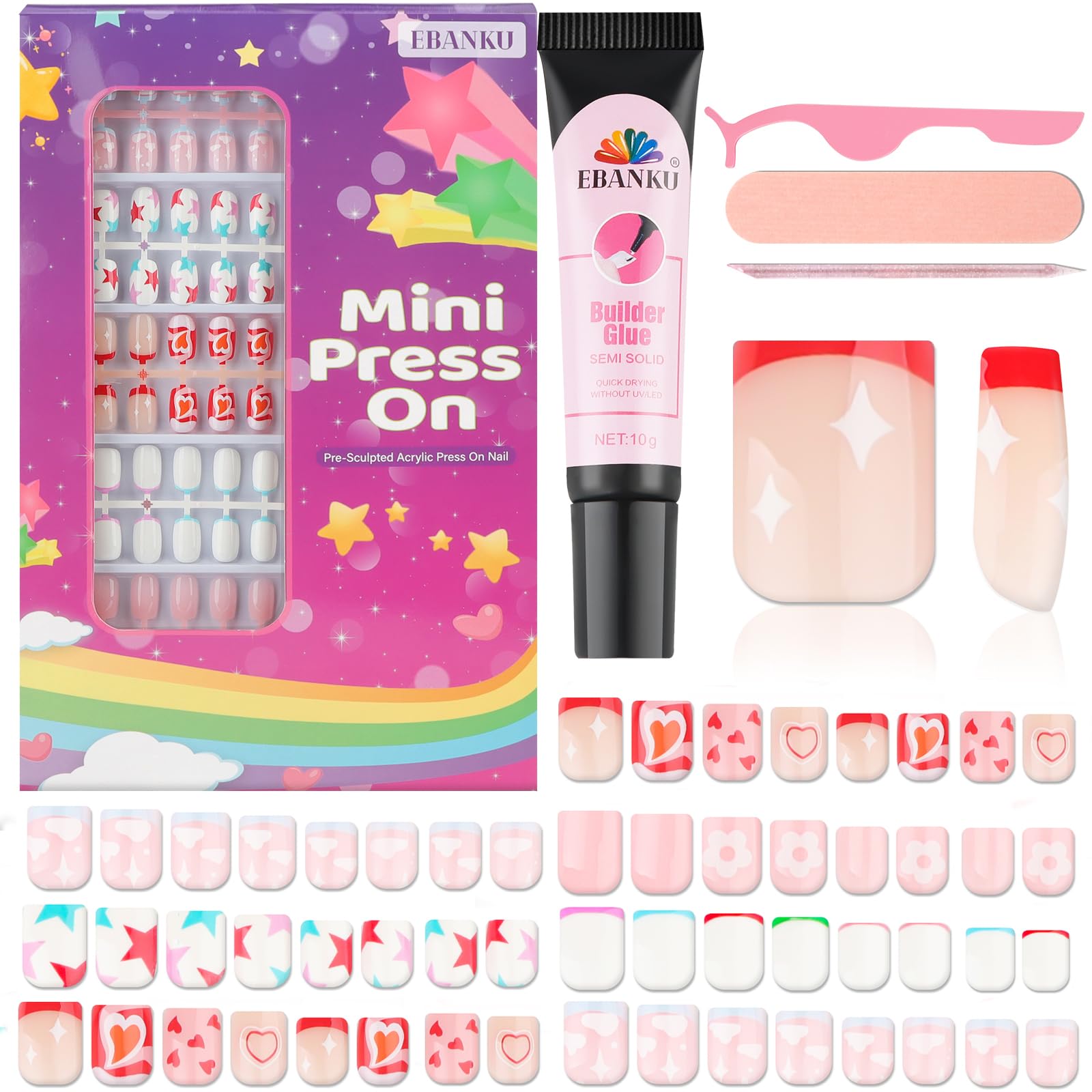 EBANKU 130 Pieces Children False Nails Kids Girls Press on Short Artificial Fake Nails Cute Full Cover Acrylic Nail Tip Kit for Children Little Girls Nail Decoration