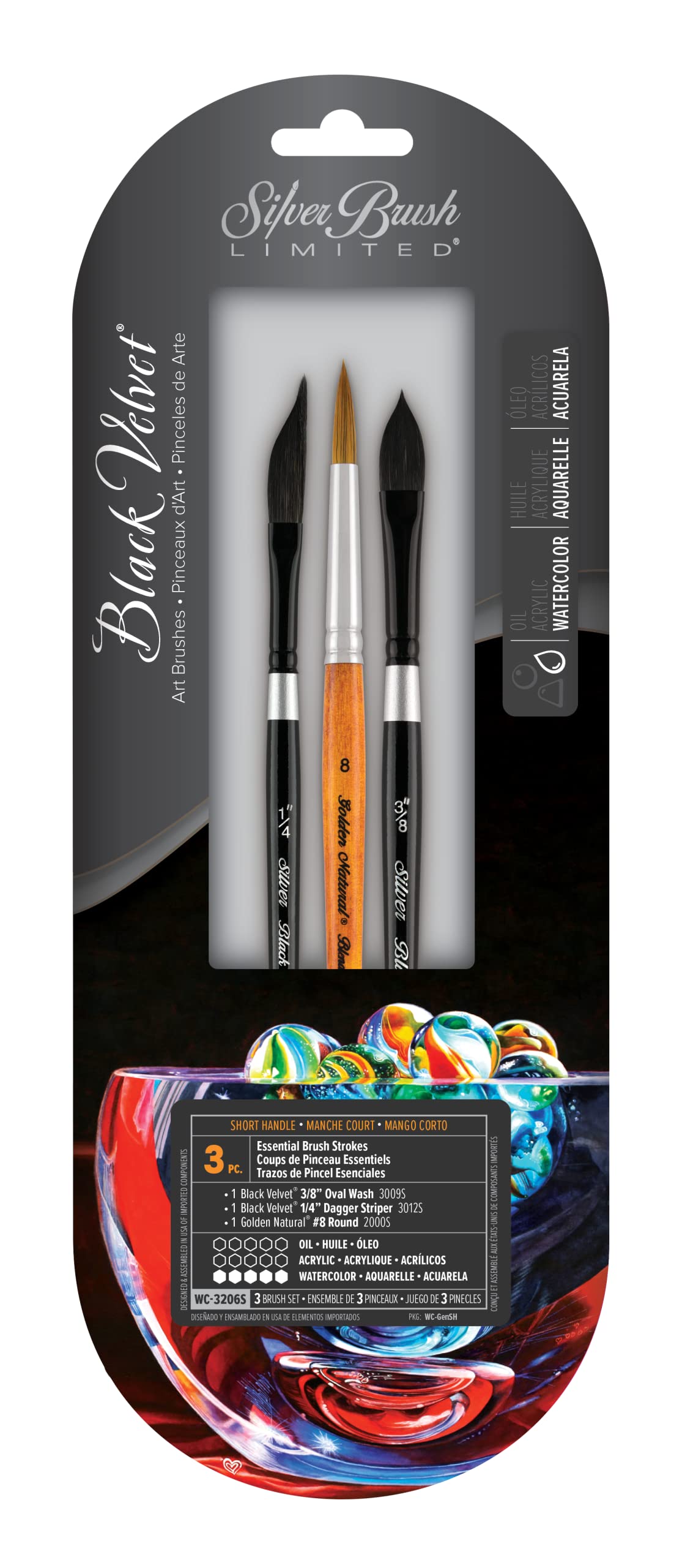 Silver Brush Limited WC-3206S Black Velvet 3pc Essential Brush Strokes Set, Natural Squirrel Hair and Synthetic Mix Blend Filament Short Handle Oval Wash, Dagger Striper and Round Watercolour Brushes