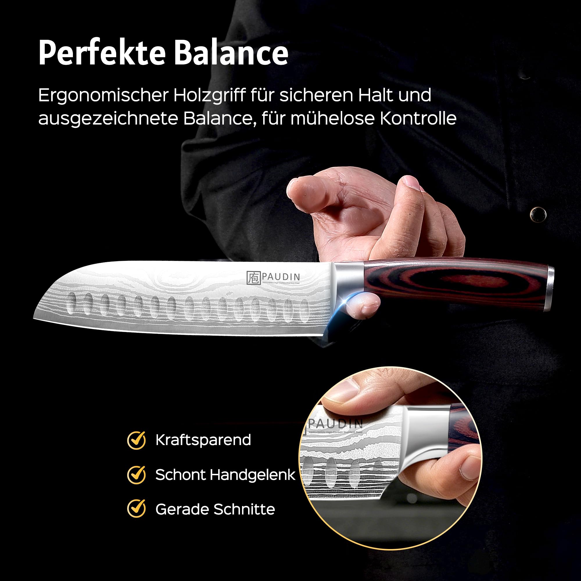 PAUDIN Santokumesser, Klingenlänge17 cm Kochmesser aus deutschem Messerstahl, Sushi Messer Küchenmesser mit ergonomischem Griff für Haus und Restaurant 7