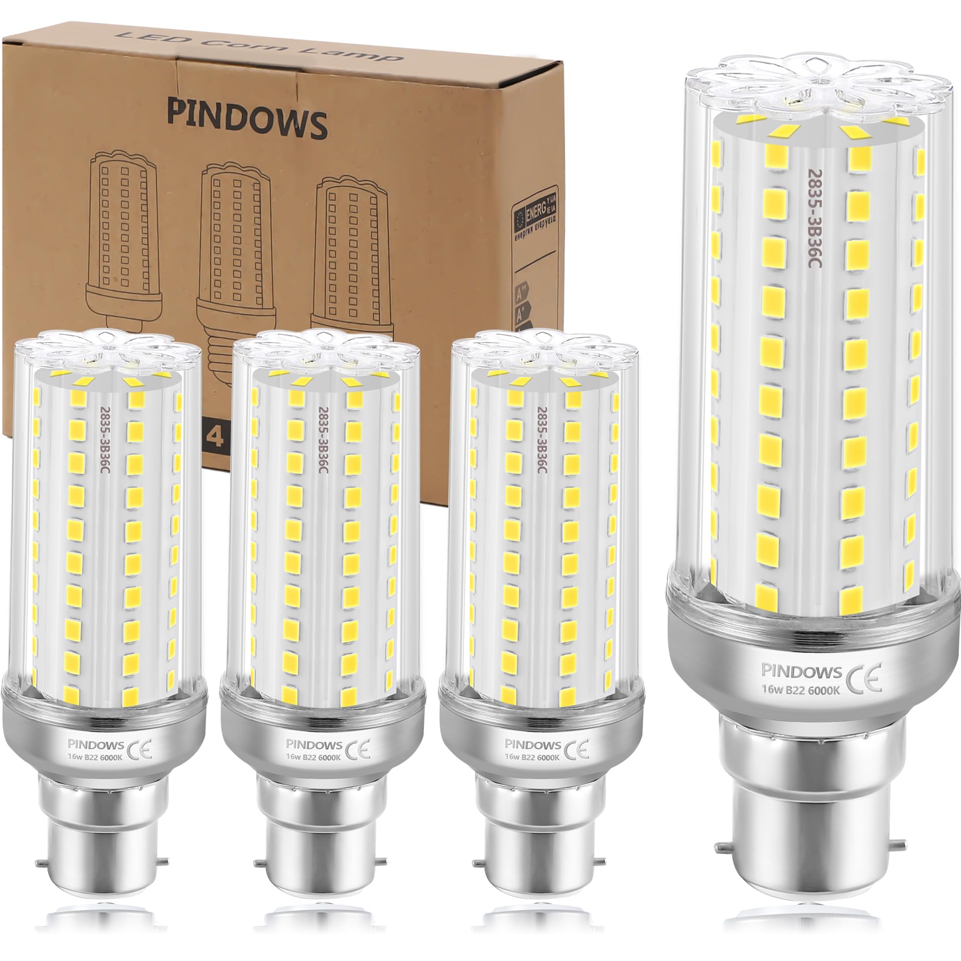 PINDOWS 16W LED Corn Bulbs B22, 6000K Cool White, 150W Incandescent Equivalent, High Bright 1900LM, Replace 120W~150W, CRI 80+, Non-Dimmable, 4-Pack