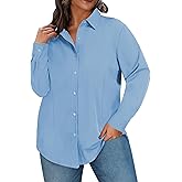 ForHailey Plus Size Button Down Shirts for Women Long Sleeve Blouses Solid Work Casual Business Tops Loose Fit Fall Shirts Blue 3X-Large