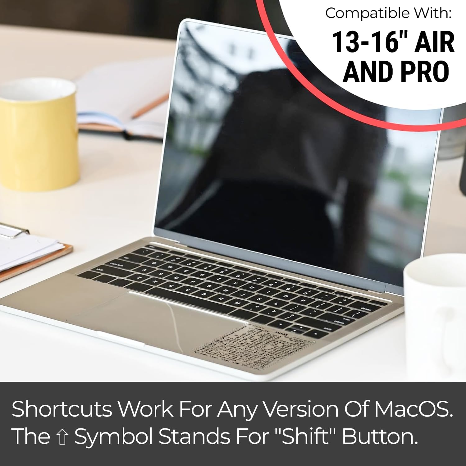 SYNERLOGIC Mac OS (Ventura/Monterey/Big Sur/Catalina/Mojave) Keyboard Shortcuts, No-residue Clear Vinyl Sticker, Compatible with 13-16-inch MacBook Air and Pro