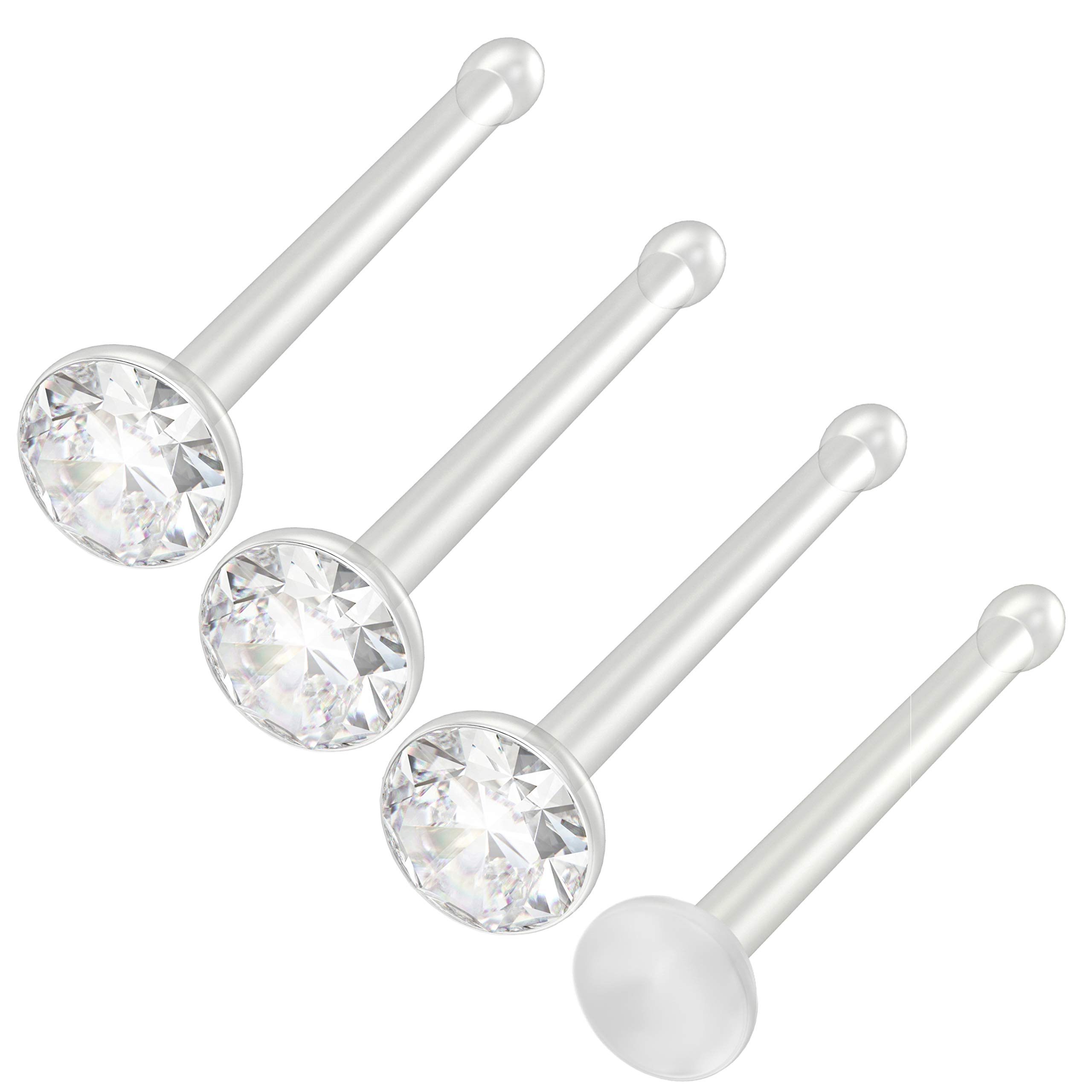 Bling Piercing 4pc 0.8mm 20g 0.8mm Nose Studs Bone Straight Bar Nostril Ring Surgical Steel 2.5mm Crystal CZ Bioflex Stud Retainer Keeper