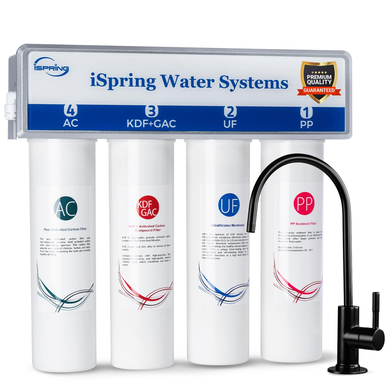 iSpring CUA4-BLK 0.01 Micron Ultra Filtration Under Sink Water Filter System, High Capacity Tankless 4-Stage Ultrafiltration Water Filter, Removes 99.99% Contaminants, Quick Filter Change with Faucet Image