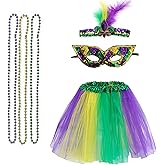 CLeemuziN Mardi Gras Tulle Tutu Skirt with Feather Headband and Beads for Women Girls Mardi Gras Theme Parties Retro Party
