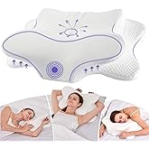 Deason Cervical Neck Pillow for Sleeping, Ergonomic Memory Foam Pillow for Neck Pain Relief, Adjustable Height Bed Pillow for Side & Back Sleepers, Ice Silk Breathable Cover, White
