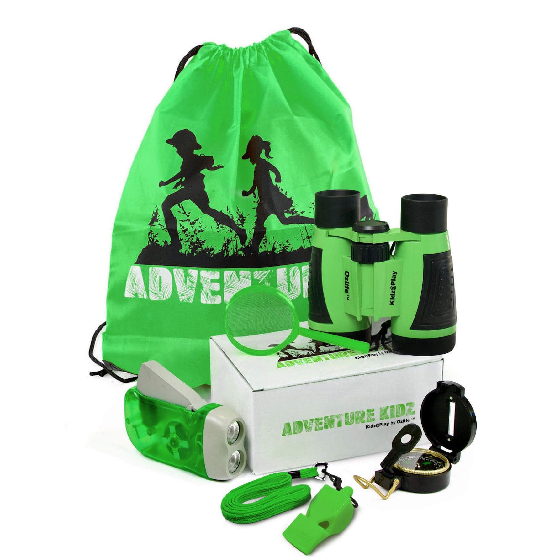Adventure Kidz Outdoor Exploration Kit, Children’s Binoculars, Flashlight, Compass, Fox Whistle, Magnifying Glass, Backpack. Great Gift Set for Educational, Pretend Play, Ages 3+ Boys Girls (Lime) — image 1