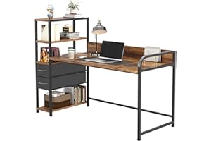 55 Inch Small Computer Desk with 2 Non Woven Drawers and 4 Storage Shelves, Home Office Desk with Bookshelf,Sturdy Writing De