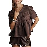 Wefebi Women's Lace Detail Faux Suede Peplum Swing Tops Short Sleeves Crew Neck Babydoll Blouse