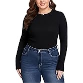 Women's Plus Size Long Sleeve Shirts Rib Knit Crewneck Slim Fitted T Shirt Tops Stretchy Basic Tee
