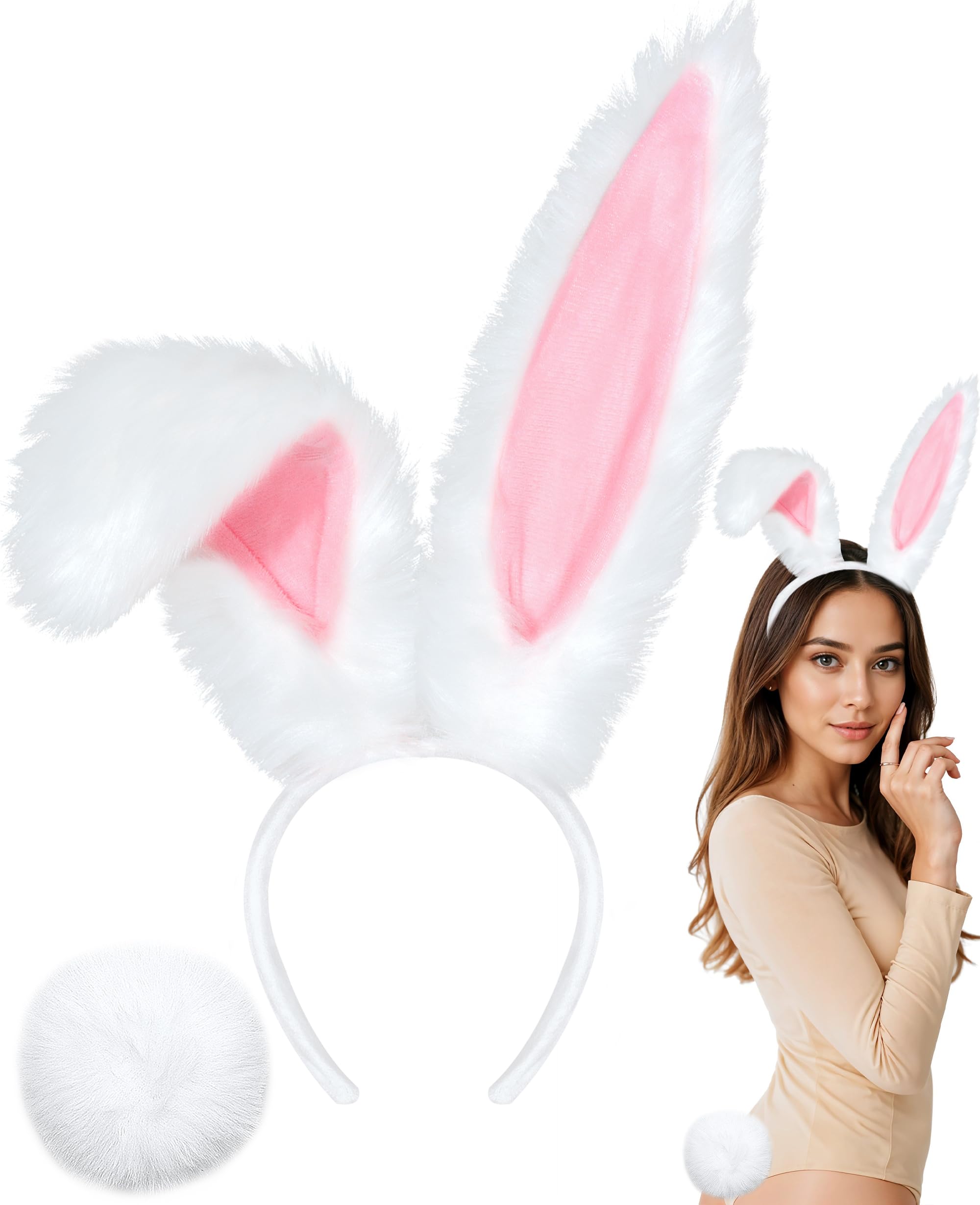 Photo 1 of U-Goforst Bunny Ears Headbands and Tail, Easter Bunny Costume Long Furry Rabbit Ear Headband, Halloween Party Cosplay White Bunny Ears Costume Hair Accessories for Adult Women