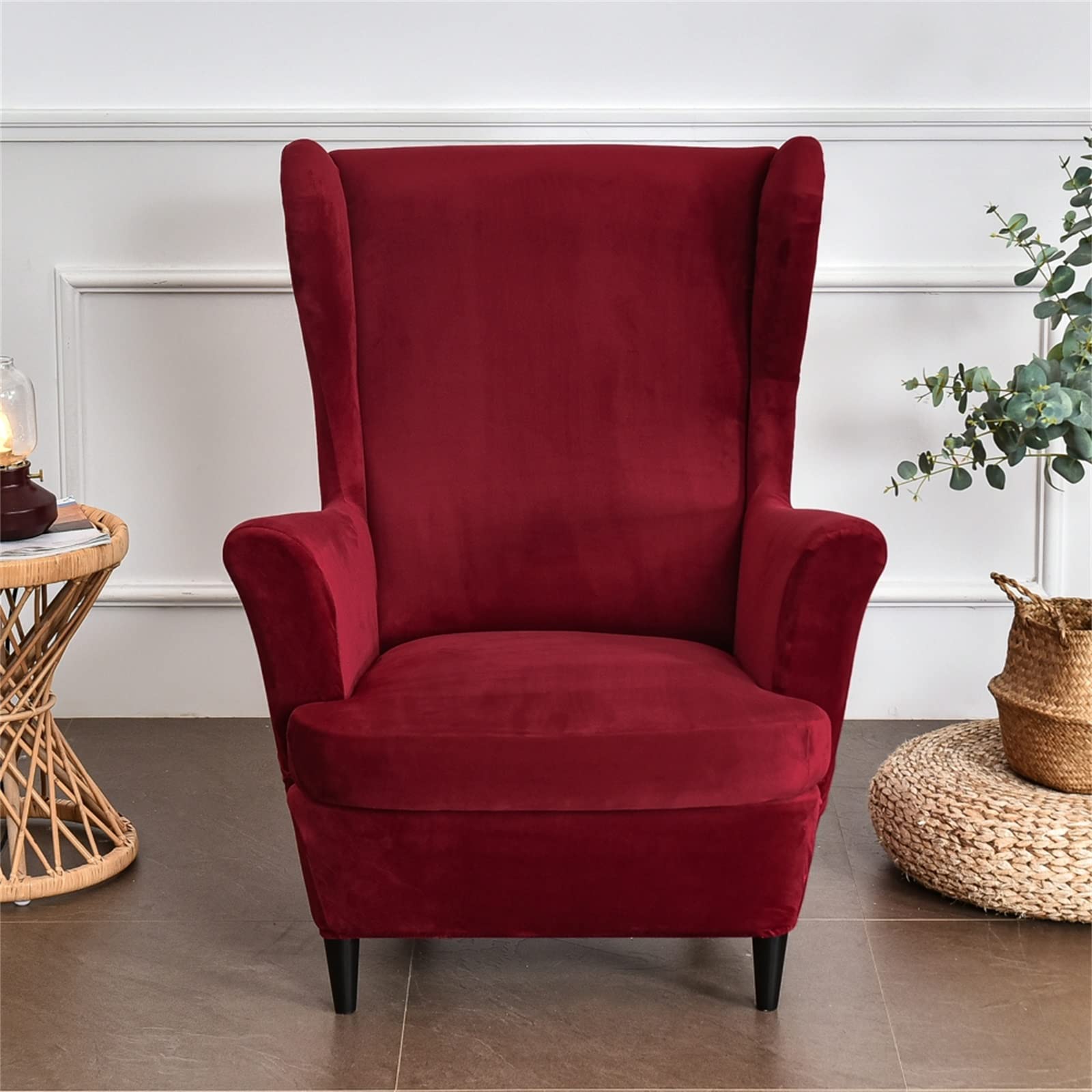 Wing Chair Slipcover 2 Piece Set - 2 IN 1 Design Removable Soft Velvet Wingback Chair Covers Armchair Stretch Covers Furniture Protector for Wingback Chairs Living Room Bedroom Hotel (Wine Red)