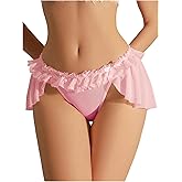 OYOANGLE Women's Lingerie Lace Ruffle Panties Bowknot Mid Waist Thongs Underwear