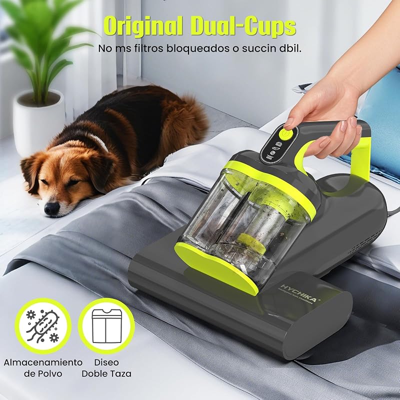 HYCHIKA Aspirador Anti-ácaro para Colchões - Aspirador de 16 kPa, ultrassónico, Aspirador para alérgicos, Duplo Tornado, Elimina 99,9%, Ar Quente a 60° para Camas, sofás, tapetes