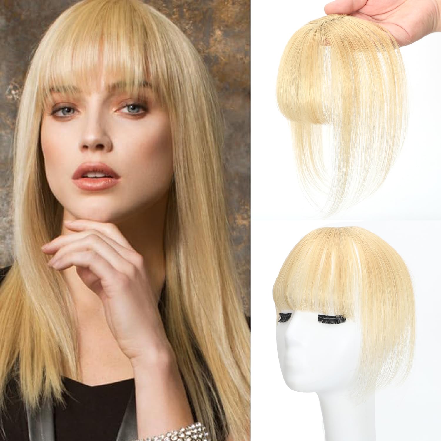 Clip In Fringe 100% Real Human Hair Bangs Hair Clip Thin Bangs On Hairpiece On Air Bangs With Temple Wispy Bangs Hair Extensions for women (Blonde, 3D Wispy Fringe) — image 1