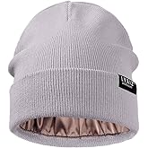 Satin Lined Winter Beanie Hats for Women Unisex Cotton Knitted Cuffed Knit Hat with Silky Lining Slouchy Skull Cap