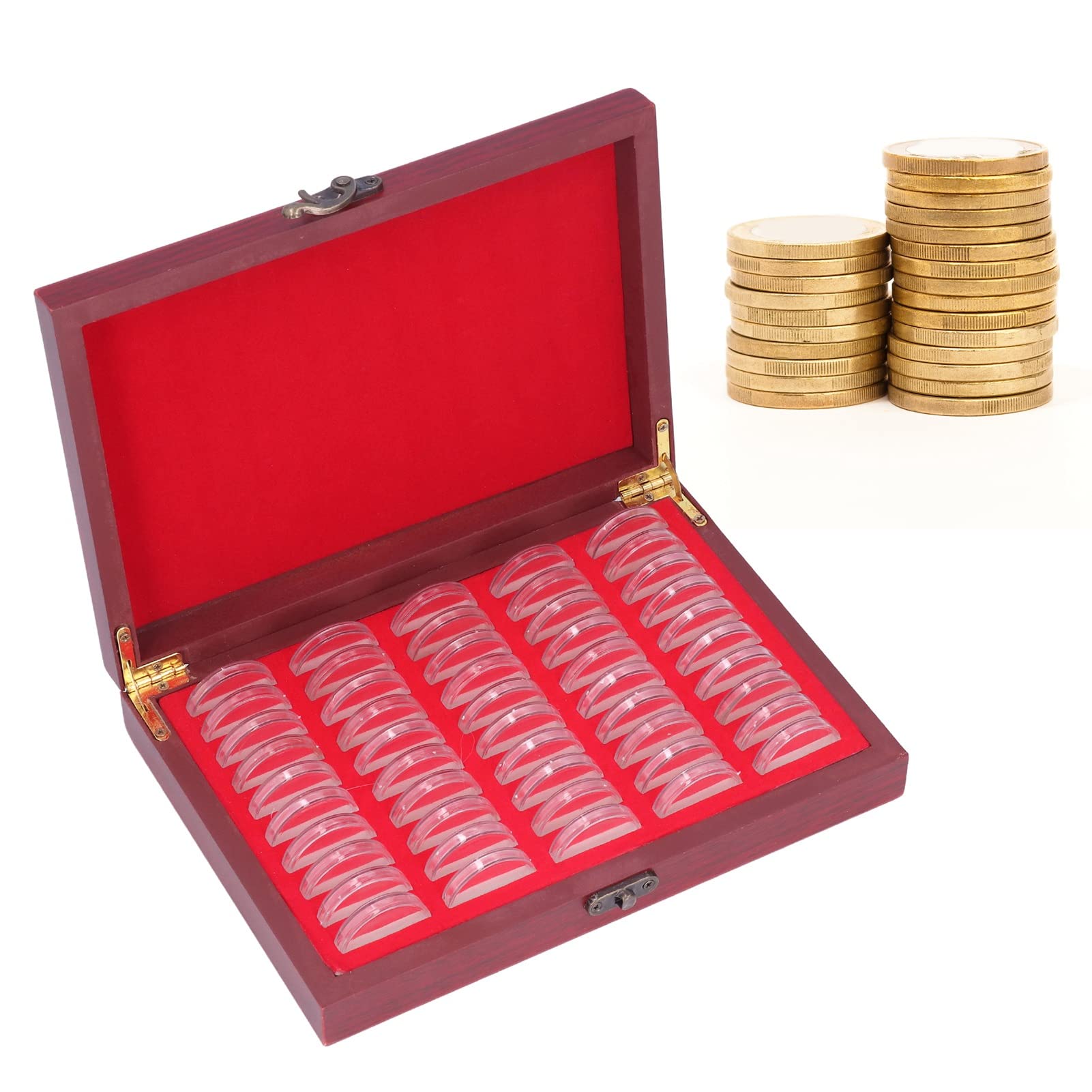 50 Pieces 30mm Coin Capsules with Vintage Wooden Storage Organizer Box and Foam Gasket,Coin Collector Organizer Coin Display Commemorative Case