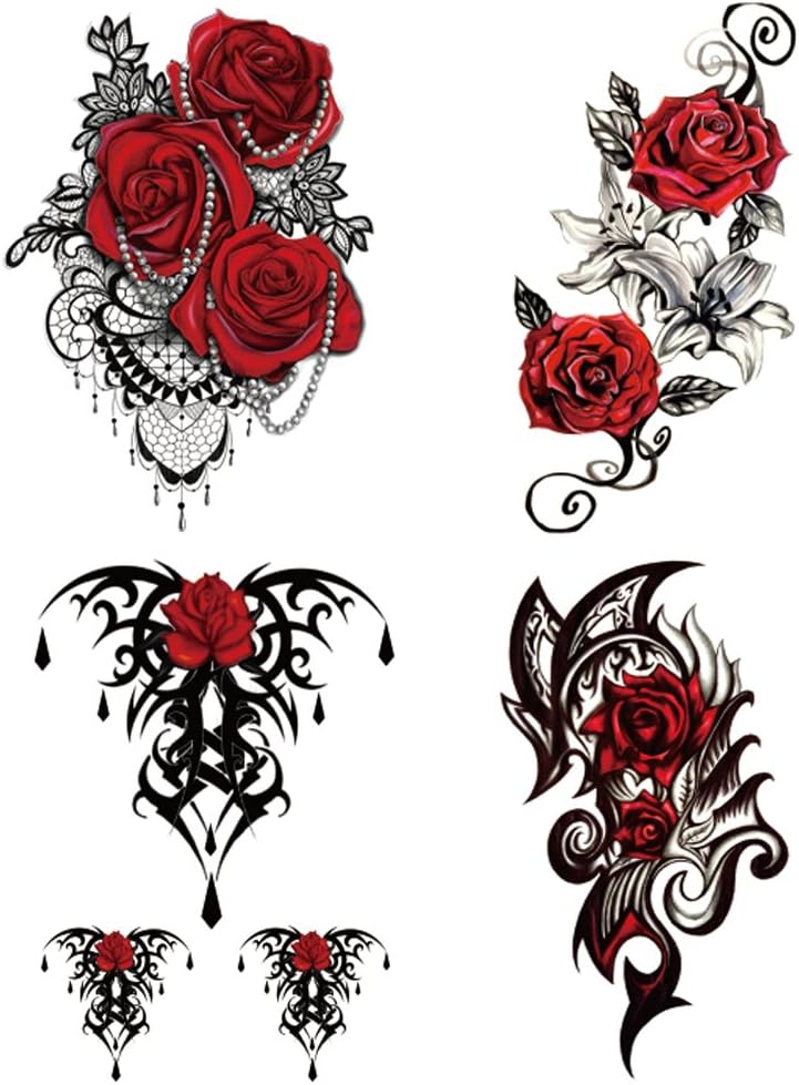 Yesallwas 4 Sheets Large Temporary Tattoo Sticker Fake Tattoos for Women Girls Models,Waterproof Long Lasting Body Art Makeup Sexy Realistic Arm Tattoos -Rose