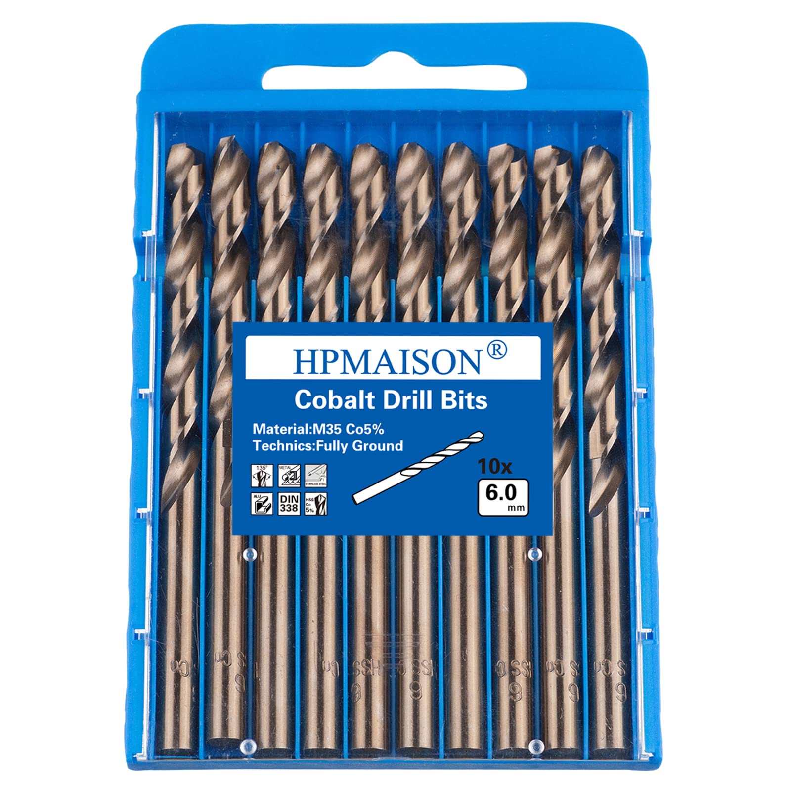 HPMAISON True 5% Cobalt Jobber Drill Bit Set, 10Pcs 6mm M35 High Speed Steel Twist Drill Bits, 135° Split Point Extremely Heat Resistant for Stainless Steel, Cast Iron, Hard Metal, Plastic, Wood — image 1