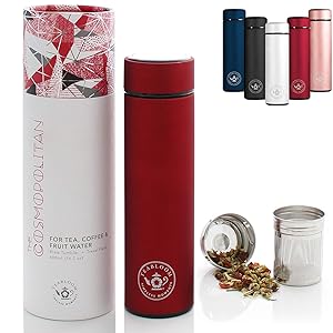 Teabloom All-Purpose Beverage Tumbler - 16 oz - 480 ml - Brushed Metal Insulated Water Bottle/Tea Flask/Cold Brew Coffee Mug - Extra-Fine Two-Way Infuser Travel Bottle - Ruby Red