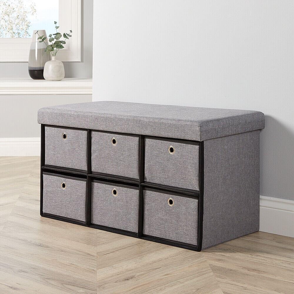 Home Source Folding Ottoman 6 Drawer Fabric Storage Chest, Grey, 76cm