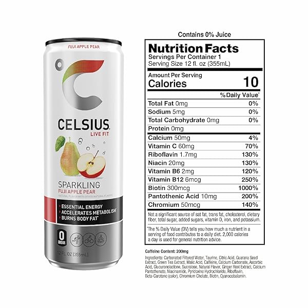 CELSIUS SPARKLING FUJI APPLE PEAR, FUNCTIONAL ESSENTIAL ENERGY DRINK, 12 FL OZ