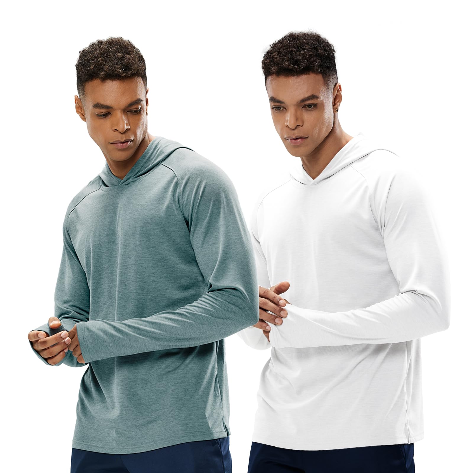 MIER Men's Sun Protection Hoodie Long Sleeve Quick Dry Fishing Shirt UV SPF Rash Guard Hooded Shirts, 2 Pack, Haze Blue & White, 3XL Image