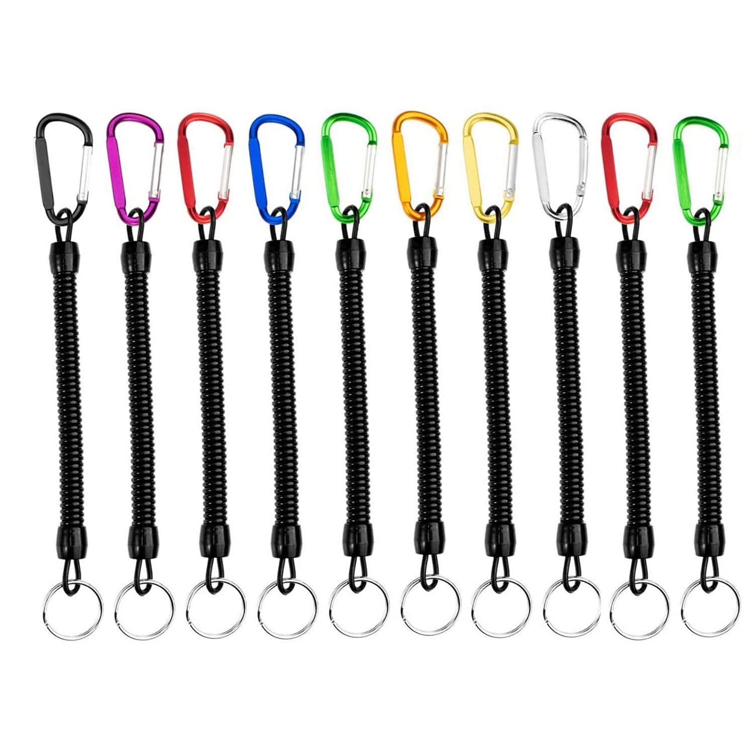 JZK 10 x Stretchy spiral retractable keyring key chain with color carabiner clip for men and women for keys, wallet, backpack