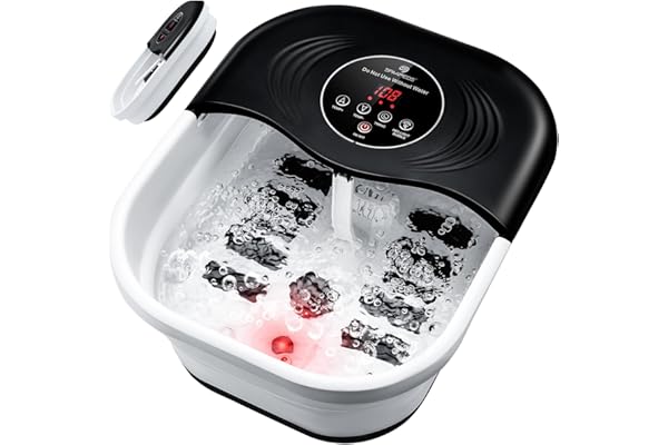 Collapsible Foot Bath Massager with Heat, Foot Spa with 2 Bubble Jets, Timer, Red Light, Pumice Stone & 8 Shiatsu Massage Rol
