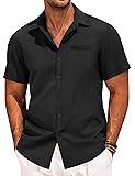 COOFANDY Mens Black Short Sleeve Linen Shirt Casual