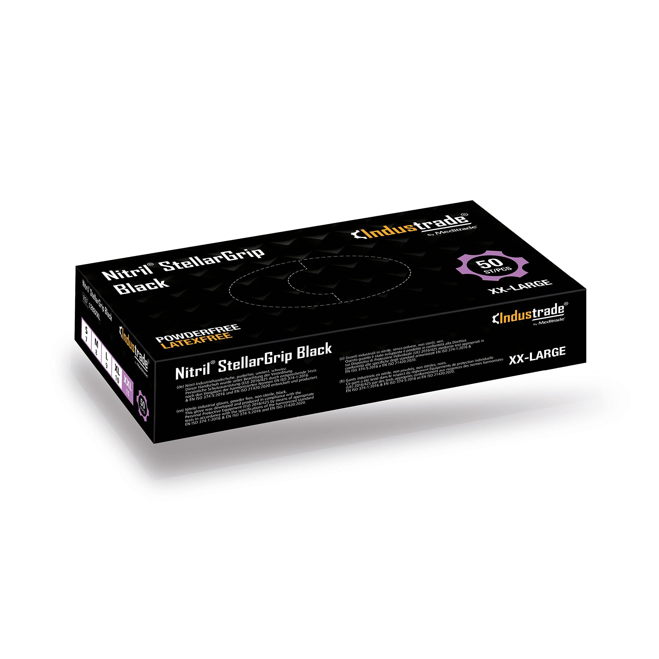 Industrade by Meditrade NITRIL StellarGrip Black Nitrile Industrial Gloves - Diamond Texture for Enhanced Grip - Powder & Latex Free Disposable Gloves - 6.5g Thickness - XX-Large - 50pcs