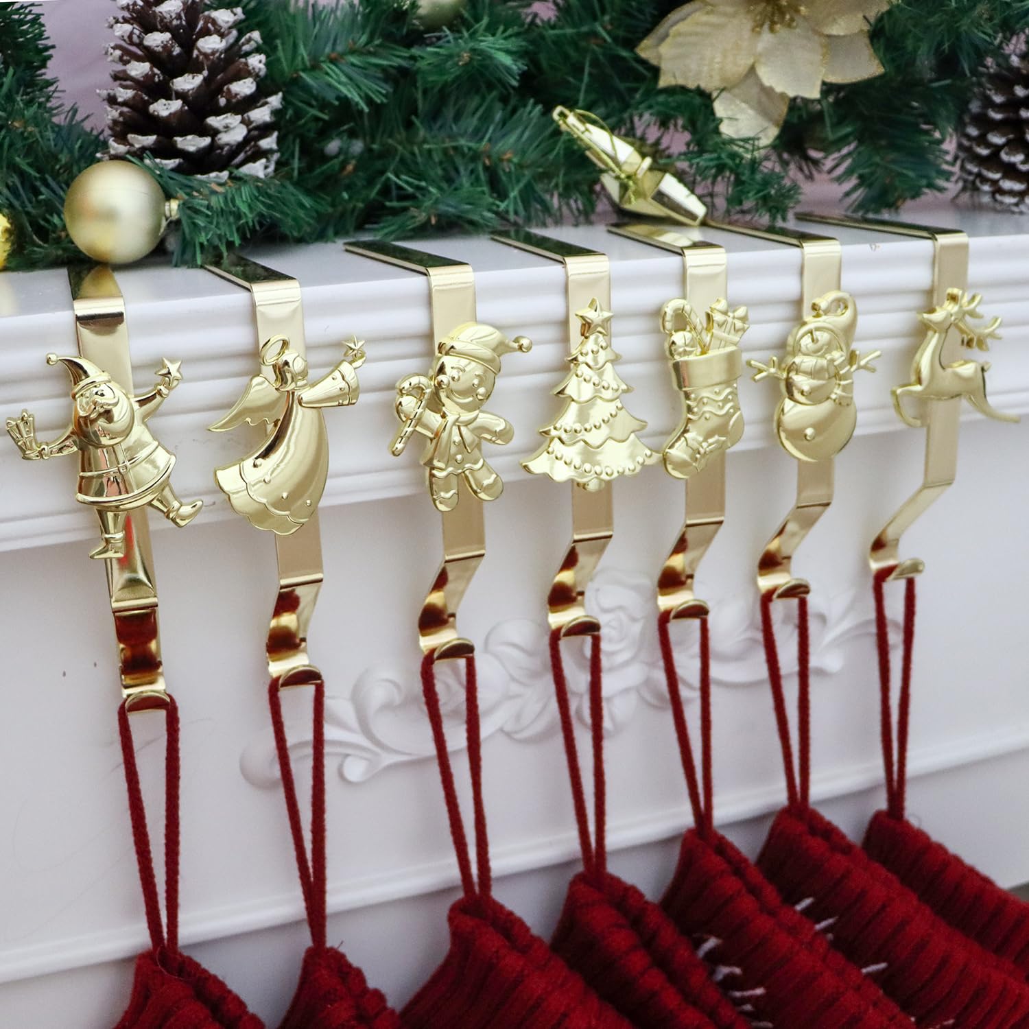 Photo 1 of Christmas Stockings hooks, Gold Christmas Stockings holder for Mantle Set of 7, Reusable Christmas Stocking Hooks, No-Damage Xmas Hanger for Fireplace Stand Christmas Decoration Ornaments Hanging