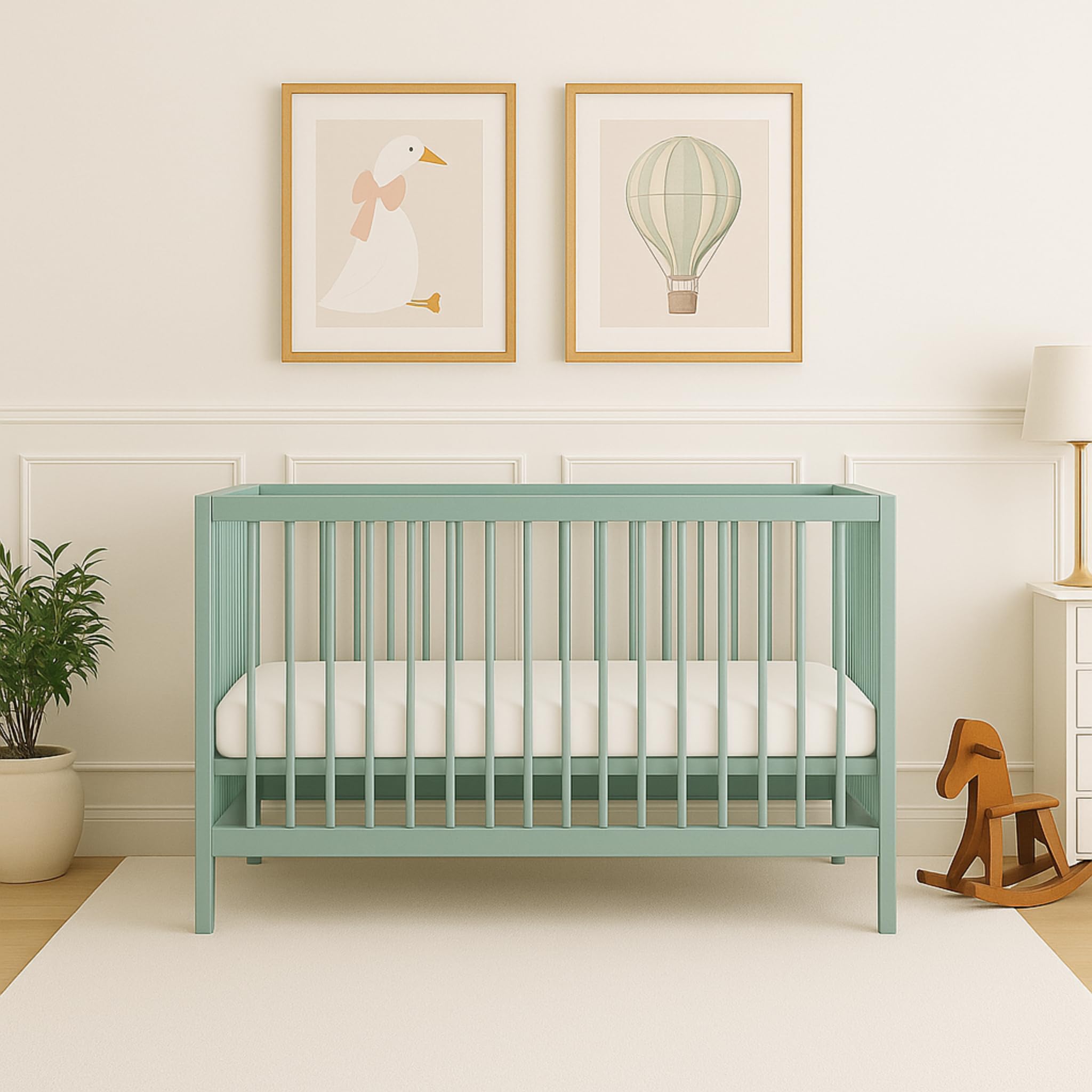 Mokee Mini Cot Bed Space Saving Cot - Wooden Crib with Adjustable Height - Converts to Toddler Bed - Scandinavian Design (Stone Teal)
