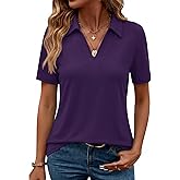 ZHENWEI Women's Short Sleeve V-Neck Polo Shirts Business Casual Work Collared Tops Dressy Johnny Collar Cute Blouses