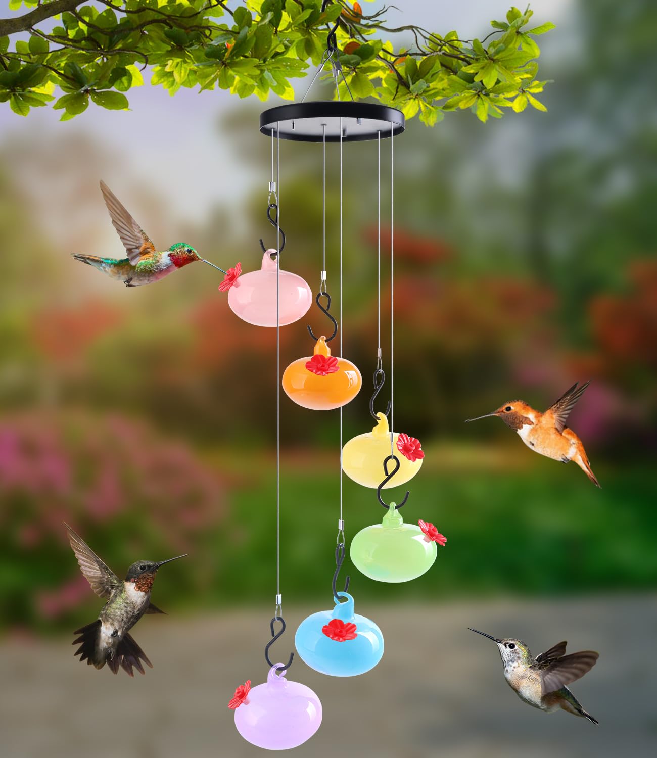 Photo 1 of Wind Chime Hummingbird Feeder, 6-Color Charming Wind Chimes Hummingbird Feeders for Outdoor Hanging, Hummingbird Feeder Glass Ant and Bee Proof Garden Decor