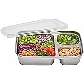 U Konserve Stainless Steel Rectangle Divided 3 Section Food Storage Bento Box Container, Leak Proof Silicone Lid Dishwasher Safe - Plastic Free, (24oz Clear)