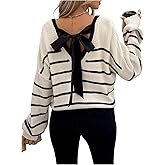 GORGLITTER Women's Bow Striped Sweater Cable Knit Long Sleeve Backless V Neck Chunky Pullover