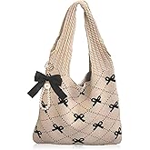 JeVenis Pink Crochet Tote Coquette Bow Aesthetic Hobo Bag for Women Beach Mesh Knitted Shoulder Bag Boho Shoulder Handbag