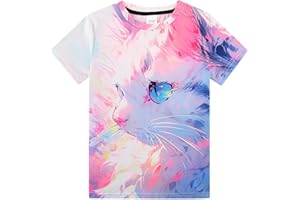 TUPOMAS Girls Shirts Kids T Shirt Cat Print Tees Animal Graphic Clothes Short Sleeve 5-12 Years